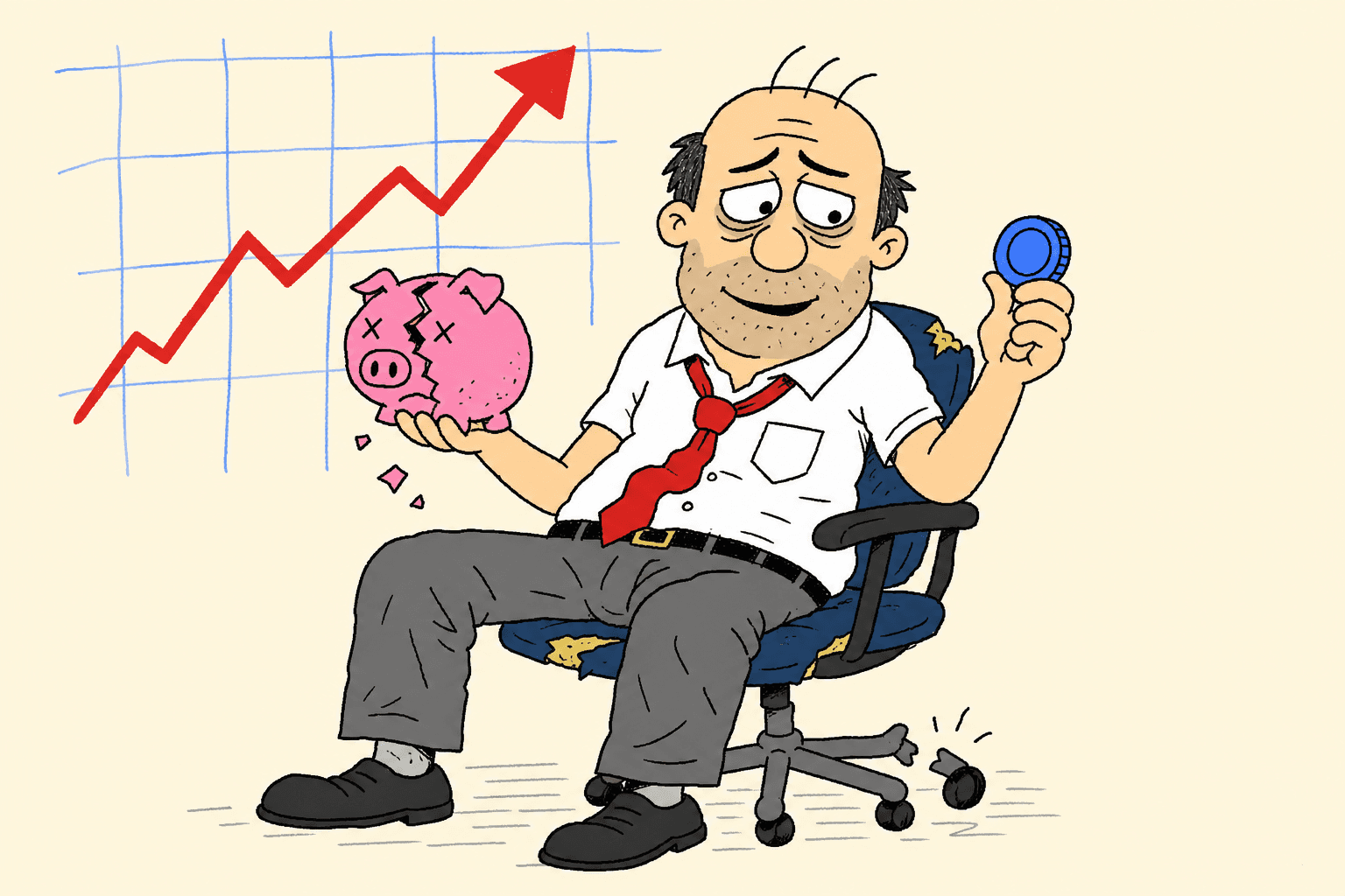 Kenny, the exhausted 401K plan administrator, holding a broken piggy bank and a blue coin
