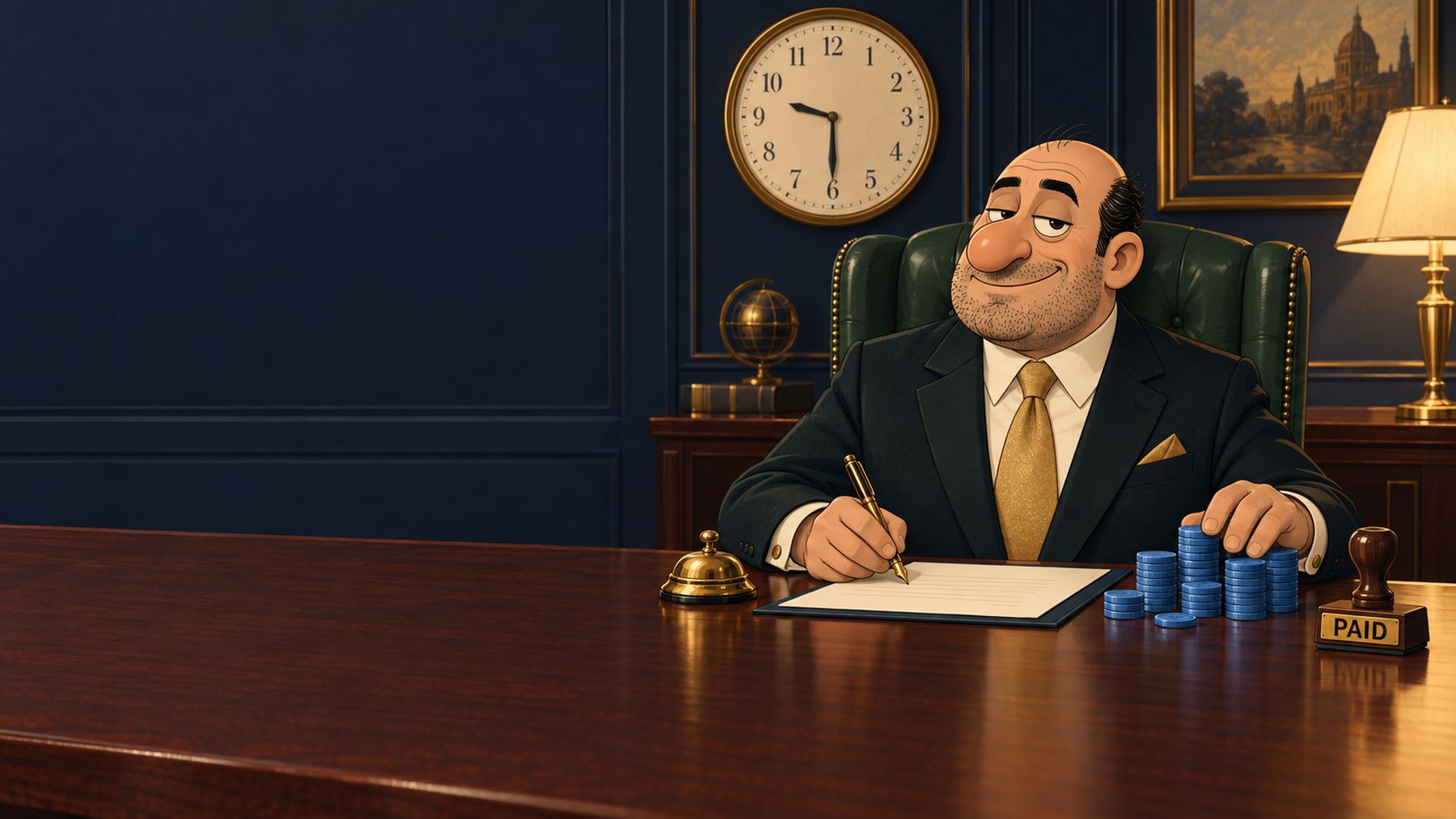Kenny signing payroll at the boardroom table, wall clock at the half hour