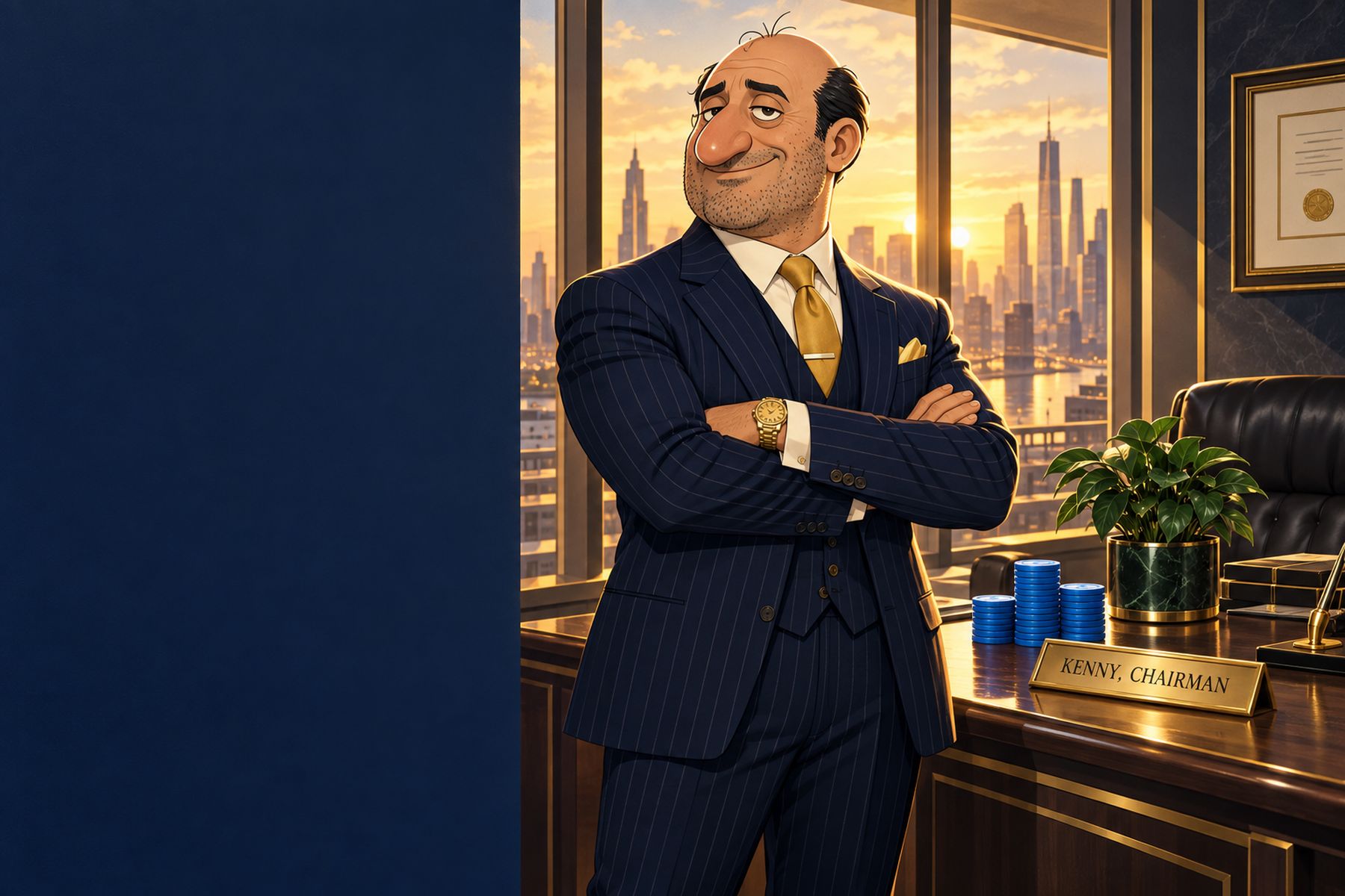 Kenny, Chairman, arms folded in his corner office at golden hour