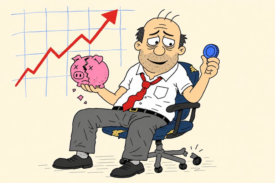 The original Kenny, an exhausted clerk with a broken piggy bank